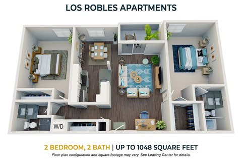 2 bedroom 2 bathroom floor plan at Los Robles Apartments, California, 91101